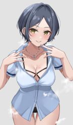 Rule 34 | 1girl, bikini, bikini bottom only, blue hair, blush, breasts, cleavage, collarbone, earrings, finger to mouth, fingernails, hayami kanade, hickey, highres, idolmaster, idolmaster cinderella girls, jewelry, kamoromance614, looking at viewer, medium breasts, multi-strapped bikini, necklace, open mouth, parted bangs, shirt, short hair, smile, solo, steam, swimsuit, thighs, yellow eyes