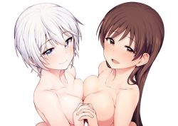 Rule 34 | 10s, 2girls, :d, anastasia (idolmaster), bare arms, bare shoulders, blush, breast press, breasts, brown eyes, brown hair, cleavage, closed mouth, collarbone, couple, eyes visible through hair, female focus, friends, grey eyes, holding hands, idolmaster, idolmaster cinderella girls, interlocked fingers, jp06, large breasts, long hair, looking at viewer, matching hair/eyes, multiple girls, neck, nitta minami, nude, open mouth, short hair, sideboob, simple background, smile, symmetrical docking, upper body, white background, white hair, yuri
