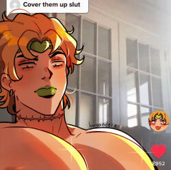 Rule 34 | 1boy, blonde hair, commentary, cover them up slut (meme), dio brando, earrings, english commentary, fang, green headband, green lips, headband, highres, huyandere, jewelry, jojo no kimyou na bouken, large pectorals, male focus, meme, pectorals, photo background, red eyes, scar, scar on neck, shiny skin, solo, sparkle, stardust crusaders