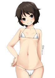 Rule 34 | 1girl, bikini, black hair, brown eyes, commentary request, cowboy shot, flat chest, grin, hand on own hip, highres, kantai collection, looking at viewer, miyuki (kancolle), nassukun, one-hour drawing challenge, short hair, simple background, smile, solo, swimsuit, twitter username, white background, white bikini