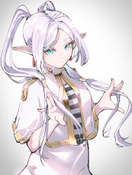 Rule 34 | 1girl, absurdres, alternate hairstyle, aqua eyes, capelet, closed mouth, commentary, dot mouth, dress, earrings, elf, frieren, hand in own hair, hands up, highres, jewelry, long hair, looking at viewer, pointy ears, simple background, smile (qd4nsvik), solo, sousou no frieren, thick eyebrows, twintails, upper body, white background, white capelet, white dress