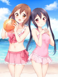 Rule 34 | 2girls, :d, :o, ball, beach, beachball, bikini, bikini skirt, black hair, blush, brown eyes, brown hair, collarbone, commentary request, copyright name, day, frilled bikini, frills, hair ornament, hairpin, hands on own chest, hazuki (sutasuta), highres, hirasawa yui, holding, holding ball, k-on!, long hair, looking at viewer, multiple girls, nakano azusa, navel, one-piece swimsuit, open mouth, outdoors, own hands together, pink bikini, pink one-piece swimsuit, pink ribbon, purple eyes, ribbon, sidelocks, smile, swimsuit, twintails
