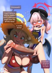 Rule 34 | 2girls, bikini, bikupan, black headwear, black horns, black one-piece swimsuit, black wings, blue archive, blue sky, blush, breasts, dark penis, drooling, embarrassed, english text, flying sweatdrops, futa with female, futanari, hair ornament, hairclip, halo, hat, highres, horns, huge penis, izumi (blue archive), izumi (swimsuit) (blue archive), koharu (blue archive), large breasts, large testicles, light brown hair, long hair, low wings, multiple girls, one-piece swimsuit, open mouth, penis, penis awe, pink eyes, pink hair, precum, public indecency, red bikini, scrunchie, sky, speech bubble, standing, straw hat, swimsuit, testicles, twintails, uncensored, wings, wrist scrunchie