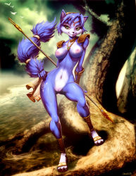 Rule 34 | 1girl, armor, blue hair, cloud, furry, furry female, genzoman, green eyes, hair ornament, headband, jewelry, krystal, looking at viewer, markings, navel, necklace, nintendo, nipples, nude, polearm, river, sandals, short hair, shoulder pads, signature, smile, solo, spear, staff, star fox, tattoo, toes, tree, tribal, water, weapon
