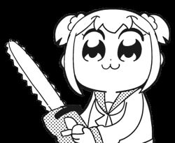 Rule 34 | 10s, 1girl, :3, animated, animated gif, bkub, chainsaw, chibi, cptnameless, greyscale, hair ornament, hair scrunchie, holding, holding weapon, looking at viewer, looping animation, monochrome, poptepipic, popuko, school uniform, scrunchie, serafuku, sidelocks, simple background, solo, transparent background, upper body, weapon, white background
