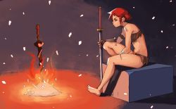 Rule 34 | 1girl, bandeau, barefoot, dark souls (series), dark souls iii, feet, fire, from software, green eyes, highres, navel, pelvic curtain, red hair, scabbard, scar, sheath, sitting, solo, stomach, sword, unkindled (dark souls 3), vins-mousseux, weapon