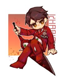 Rule 34 | 1boy, bright pupils, brown eyes, brown hair, chibi, collared shirt, commentary request, e.g.o (project moon), employee (project moon), highres, jacket, lobotomy corporation, long sleeves, male focus, necktie, pants, project moon, red jacket, red necktie, red pants, rose pin, shirt, short hair, solo, tesna, v-shaped eyebrows, white hair, white pupils, white shirt