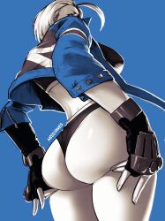 Rule 34 | 1girl, ahoge, artist name, ass, ass focus, ass grab, black gloves, black panties, blonde hair, blue background, blue jacket, breasts, cammy white, commentary, crop top, cropped jacket, curvy, from below, gloves, grabbing own ass, highres, huge ass, jacket, large breasts, miss faves, panties, shiny skin, simple background, standing, street fighter, street fighter 6, thong, twitter username, underwear, union jack, wide hips