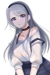 Rule 34 | 1girl, asymmetrical bangs, ayuko91, black choker, black hair, black skirt, choker, commentary request, highres, kantai collection, long hair, off shoulder, one-hour drawing challenge, plaid, plaid skirt, purple eyes, sagiri (kancolle), silver hair, simple background, skirt, solo, suspenders, sweater, swept bangs, tareme, upper body, white background, white sweater