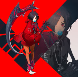 Rule 34 | 1girl, black hair, blowing bubbles, claws, commentary, copyright request, full body, grey background, hair ornament, hair over one eye, hand up, highres, holding, holding scythe, holding weapon, hood, hood down, hoodie, long sleeves, looking at viewer, multiple views, nail polish, pantyhose, red background, red eyes, red footwear, red hoodie, red nails, red pantyhose, scythe, shoes, standing, symbol-only commentary, tokiti, weapon, white footwear, wide sleeves