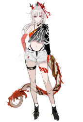 1girl absurdres alternate_costume arknights arm_at_side arm_behind_back black_footwear closed_mouth colored_skin dragon_girl dragon_horns dragon_tail floating_hair full_body grey_hair grey_shorts highres horns long_sleeves looking_at_viewer mikuning navel nian_(arknights) pointy_ears red_skin shorts simple_background single_bare_shoulder single_sleeve sketch socks solo standing stomach tail thigh_strap white_background white_socks