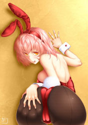 Rule 34 | 1girl, :p, against wall, animal ears, ass, ass grab, blush, breasts, come hither, deep skin, fake animal ears, from behind, huge ass, large breasts, leotard, looking at viewer, looking back, naughty face, original, pantyhose, pink hair, playboy bunny, rabbit ears, rabbit tail, seductive smile, shiny skin, short hair, sideboob, smile, tail, thigh gap, tongue, tongue out, wide hips, wrist cuffs, yellow eyes