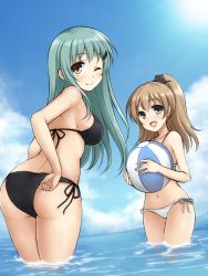 Rule 34 | 10s, 2girls, ;), adjusting clothes, adjusting swimsuit, ass, ball, beachball, bikini, black bikini, blush, breasts, brown eyes, brown hair, check translation, cloud, commentary, day, don (29219), green eyes, green hair, hair ornament, hairclip, kantai collection, kumano (kancolle), legs, long hair, looking at viewer, looking back, medium breasts, multiple girls, ocean, one eye closed, open mouth, outdoors, ponytail, sky, smile, suzuya (kancolle), swimsuit, thighs, translation request, water, white bikini