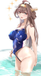 1girl ahoge alternate_costume blush breasts brown_hair clothes_pull competition_swimsuit double_bun grey_eyes hair_between_eyes hair_bun headgear highleg highres kantai_collection kongou_(kancolle) kongou_kai_ni_(kancolle) large_breasts long_hair looking_at_viewer one-piece_swimsuit one-piece_swimsuit_pull parted_lips sidelocks simple_background solo sparkle swimsuit tororo_ten wading water wet white_background