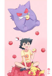 Rule 34 | 1boy, :d, apple, ash ketchum, bad id, bad pixiv id, blush, border, brown eyes, brown shorts, character print, charmander, commentary request, creatures (company), eating, episode number, closed eyes, floating, food, food on face, fruit, game freak, gen 1 pokemon, gengar, grin, heart, highres, holding, holding food, holding fruit, indian style, looking at another, looking up, male focus, mei (maysroom), nintendo, no headwear, no headwear, open mouth, pikachu, poke ball, poke ball (basic), pokemon, pokemon (anime), pokemon (creature), pokemon journeys, print shirt, shirt, shorts, signature, sitting, smile, teeth, upper teeth only, white border, yellow shirt