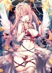 Rule 34 | 1girl, :d, absurdres, angel wings, black ribbon, bra, breasts, cleavage, cowboy shot, feathered wings, floating hair, frilled bra, frilled panties, frilled thighhighs, frills, grey thighhighs, hair between eyes, hair ribbon, head tilt, highres, long hair, looking at viewer, maid headdress, medium breasts, navel, open mouth, original, panties, pink hair, red bra, red eyes, red panties, red ribbon, ribbon, riichu, smile, solo, standing, star (symbol), thighhighs, underwear, underwear only, very long hair, waist cape, white wings, wings, wrist cuffs