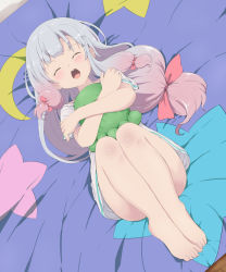 Rule 34 | 10s, ^ ^, barefoot, blush, bow, closed eyes, eromanga sensei, feet, from above, full body, hair bow, holding, holding stuffed toy, hugging doll, hugging object, izumi sagiri, legs together, long hair, looking at viewer, multicolored hair, noa (nagareboshi), open mouth, pink bow, pink hair, silver hair, smile, solo, stuffed animal, stuffed toy, teeth, two-tone hair