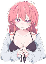 Rule 34 | 1girl, a (phrase), ahoge, aliasing, black bra, bra, breasts, cleavage, collarbone, commentary, copyright request, hair between eyes, ixy, looking at viewer, medium breasts, pink hair, purple eyes, red eyes, shirt, simple background, solo, symbol-only commentary, underwear, upper body, white background