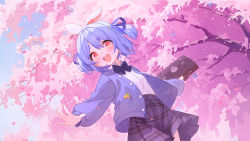Rule 34 | 1girl, :d, blue bow, blue bowtie, blue hair, blue jacket, blue ribbon, blush, bow, bowtie, cherry blossoms, collared shirt, cowboy shot, dutch angle, from below, hair ribbon, hololive, jacket, long sleeves, open clothes, open jacket, open mouth, plaid, plaid skirt, red eyes, ribbon, round teeth, ruien (wu jui-en), shirt, short eyebrows, short hair, skirt, smile, solo, standing, teeth, thick eyebrows, tree, two side up, upper teeth only, usada pekora, virtual youtuber, white shirt