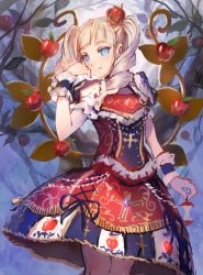 Rule 34 | 10s, 1girl, aikatsu!, aikatsu! (series), apple, blue eyes, blunt bangs, blush, capelet, corset, cross, crown, dress, drill hair, food, forest, fruit, hand on own face, legs together, lolita fashion, long hair, looking at viewer, makai no juumin, mini crown, nature, pantyhose, print dress, puffy sleeves, red dress, ribbon, short sleeves, smile, solo, todo yurika, tree, twin drills, twintails, white hair, wrist cuffs