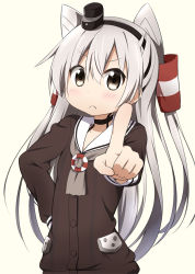Rule 34 | &gt;:(, 10s, 1girl, amatsukaze (kancolle), brown eyes, frown, index finger raised, kantai collection, long hair, looking at viewer, miyako hito, pointing, school uniform, serafuku, silver hair, solo, thighhighs, twintails, two side up, v-shaped eyebrows