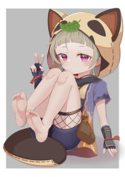 Rule 34 | 1girl, absurdres, animal ears, animal hood, arm up, bad id, bad pixiv id, barefoot, bike shorts, black gloves, blunt bangs, brown hair, expressionless, fake animal ears, fake tail, feet, fingerless gloves, genshin impact, gloves, grey background, highres, hood, japanese clothes, kimono, knees up, leaf, leaf on head, leg lift, legs, legs up, los.y, low twintails, orange kimono, pink eyes, purple kimono, raccoon ears, raccoon tail, sayu (genshin impact), short hair, short shorts, short sleeves, short twintails, shorts, simple background, sitting, soles, solo, tail, thigh strap, thighs, toes, twintails, two-tone kimono, v