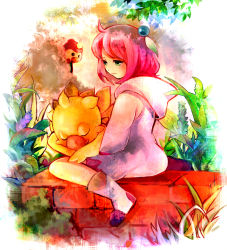 Rule 34 | 1girl, ahoge, animal, animal on lap, boots, brick wall, chocobo, cloak, closed eyes, final fantasy, final fantasy fables, from side, green eyes, hair ornament, hood, hood down, hooded cloak, i wanna, looking down, nature, on lap, pink hair, plant, robe, shirma, short hair, sitting, sleeping, square enix, wall, white mage (final fantasy)