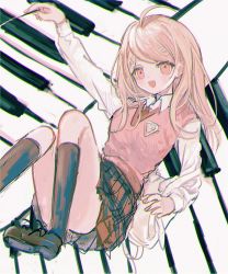 Rule 34 | 1girl, :d, ahoge, akamatsu kaede, backpack, bag, blush, brown footwear, collared shirt, commentary request, danganronpa (series), danganronpa v3: killing harmony, fortissimo, hair ornament, highres, holding, holding staff, instrument, keyboard (instrument), kneehighs, loafers, long hair, long sleeves, looking at viewer, musical note, musical note hair ornament, nokoru sora, open mouth, plaid, plaid skirt, pleated skirt, school uniform, shirt, shoes, sitting, sketch, skirt, smile, socks, solo, staff, staff (music), sweater vest