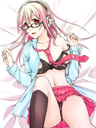 Rule 34 | 1girl, bare shoulders, bespectacled, blush, bra, breasts, convenient censoring, female focus, glasses, headphones, large breasts, long hair, looking at viewer, lowres, navel, necktie, nippleless clothes, nitroplus, open mouth, panties, pink hair, potato (oriha94), red eyes, skirt, solo, super sonico, thighhighs, underwear