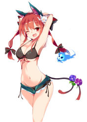 Rule 34 | 1girl, alternate costume, animal ears, armpits, arms behind head, bikini, black bikini, blue fire, bow, breasts, cat ears, cat tail, denim, denim shorts, fang, fire, floating skull, groin, hair between eyes, hair bow, hip focus, kaenbyou rin, looking at viewer, medium breasts, multiple tails, navel, one eye closed, red eyes, red hair, ribbon, short shorts, shorts, sideboob, simple background, slit pupils, solo, swimsuit, tail, tetsurou (fe+), thighs, touhou, twintails, two tails, underboob, white background