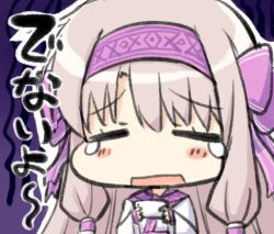 Rule 34 | 1girl, = =, ainu clothes, bad id, bad pixiv id, blush stickers, bow, chibi, commentary request, engiyoshi, closed eyes, facing viewer, fate/grand order, fate (series), gloom (expression), hair bow, hairband, holding, illyasviel von einzbern, light brown hair, long hair, long sleeves, pink bow, pink hairband, sitonai (fate), sleeves past wrists, solo, teardrop, translation request, upper body, wide sleeves