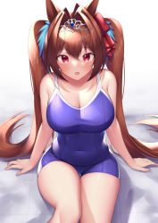 Rule 34 | 1girl, :o, absurdres, animal ears, antenna hair, bare arms, bare shoulders, blue one-piece swimsuit, blush, bow, breasts, brown hair, cleavage, collarbone, competition school swimsuit, covered navel, daiwa scarlet (umamusume), fang, hair bow, hair intakes, highres, horse ears, knee up, large breasts, long hair, looking at viewer, niyun (n niyu), on floor, one-piece swimsuit, open mouth, red bow, red eyes, school swimsuit, simple background, sitting, skin fang, solo, swimsuit, thigh gap, thighs, tiara, tile floor, tiles, twintails, umamusume, very long hair, white background