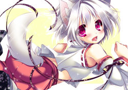 Rule 34 | 1girl, animal ears, arm ribbon, bare shoulders, blush, detached sleeves, fang, female focus, hat, hikanyan, inubashiri momiji, long sleeves, looking at viewer, midriff, open mouth, red eyes, ribbon, short hair, smile, solo, sparkle, tail, tokin hat, touhou, white hair, wide sleeves, wolf ears, wolf tail