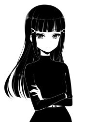 Rule 34 | 1girl, belt, belt buckle, blunt bangs, buckle, closed mouth, crossed arms, deadnooodles, dress, greyscale, hair ornament, hairclip, hime cut, kurosawa dia, long hair, long sleeves, looking at viewer, love live!, love live! sunshine!!, monochrome, simple background, solo, straight hair, tsurime, upper body, white background