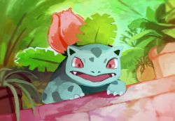 Rule 34 | claws, commentary request, creatures (company), fangs, game freak, gen 1 pokemon, ivysaur, leaf, nintendo, no humans, open mouth, plant, pokemon, pokemon (creature), potted plant, red eyes, solo, tongue, uninori