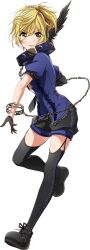 Rule 34 | 1girl, animal collar, black footwear, black gloves, black headphones, black shorts, black thighhighs, blonde hair, blue shirt, blush, brown eyes, chain, collar, d4dj, garter straps, gloves, looking at viewer, official art, parted lips, shirt, shoes, short hair, shorts, simple background, single glove, sneakers, solo, standing, standing on one leg, thighhighs, transparent background, tsukimiyama nagisa, v-shaped eyebrows, winged headphones