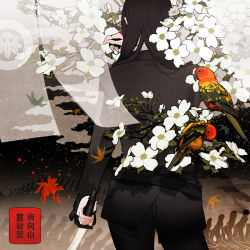 Rule 34 | 1girl, animal, belt, bird, black hair, blood, branch, commentary request, cowboy shot, fine art parody, flower, formal, from behind, hiko (lg612), holding, holding sword, holding weapon, katana, leaf, long hair, maple leaf, nihonga, original, pant suit, pants, parody, parrot, plant, solo, suit, sword, tree, tuxedo, weapon