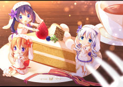 Rule 34 | 3girls, alternate costume, alternate hairstyle, animal ears, animal hat, berry, blue eyes, blue hair, blurry, blush, bokeh, boots, bow, brown hair, cake, cake slice, chibi, chocolate, christmas, curly hair, depth of field, dress, drill hair, eating, flower, food, food on face, fork, fruit, gloves, gochuumon wa usagi desu ka?, hair flower, hair ornament, hairclip, hat, high heel boots, high heels, holding, holding food, holding fruit, hot chocolate, hoto cocoa, kafuu chino, long hair, looking at viewer, merry christmas, mini person, minigirl, mint, multiple girls, open mouth, outstretched arms, oversized object, plate, pleated dress, purple bow, purple eyes, purple flower, purple hair, purple ribbon, rabbit ears, rabbit hat, red flower, red ribbon, ribbon, sakuramocchi, shiramori sawa, sitting, sleeveless, sleeveless dress, spread legs, standing, strawberry, table, tedeza rize, twin drills, twintails, white bow, white dress, white footwear, white gloves, white hat, wooden table, x hair ornament