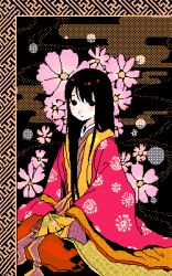 Rule 34 | 1girl, bijin, egasumi, flower, heian, japanese clothes, karaginu mo, kimono, kishida mel, layered clothes, layered kimono, long hair, lowres, pixel art, sayagata, sitting, solo