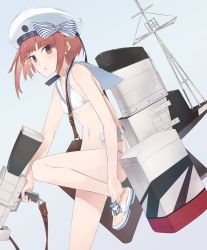 Rule 34 | 10s, 1girl, adjusting clothes, adjusting shoe, bag, bikini, blue background, breasts, brown eyes, brown hair, commentary request, hat, hayashi kewi, holding, kantai collection, looking at viewer, machinery, navel, parted lips, revision, sailor bikini, sailor collar, sailor hat, sandals, short hair, shoulder bag, simple background, small breasts, solo, swimsuit, turret, white bikini, white hat, z3 max schultz (kancolle)