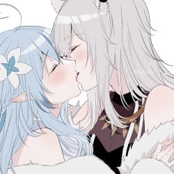 Rule 34 | 2girls, ahoge, bare shoulders, blue hair, closed eyes, commentary, elf, facing another, flower, french kiss, from side, fur trim, hair flower, hair ornament, highres, hololive, kiss, long hair, long sleeves, multicolored hair, multiple girls, off shoulder, pointy ears, shirt, shishiro botan, shishiro botan (1st costume), silver hair, simple background, sleeveless, sleeveless shirt, streaked hair, sui (camellia), symbol-only commentary, twitter username, upper body, virtual youtuber, white background, white footwear, yukihana lamy, yuri