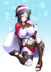 Rule 34 | 1girl, arm support, bell, black eyes, black hair, bodysuit, bow, bowtie, breasts, closed mouth, elbow gloves, fate/grand order, fate (series), feet, fingerless gloves, full body, gloves, hat, highres, large breasts, long hair, looking at viewer, makishima azusa, minamoto no raikou (fate), sack, santa hat, shoes, sitting, smile, snowflakes, solo, striped bow, striped bowtie, striped clothes, striped neckwear, toeless footwear, toeless legwear, toes