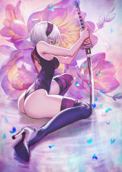 Rule 34 | 1girl, adapted costume, ass, backless outfit, bare shoulders, black footwear, black hairband, black leotard, blue eyes, boots, breasts, floral background, flower, fogriver, from side, full body, hair ornament, hairband, high heel boots, high heels, highleg, highleg leotard, holding, holding sword, holding weapon, katana, leotard, making-of available, medium breasts, nier (series), nier:automata, petals, short hair, silver hair, sitting, sleeveless, solo, sword, thigh boots, thighhighs, thighhighs under boots, thighs, weapon, 2b (nier:automata)