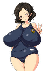 Rule 34 | 1girl, breasts, brown eyes, brown hair, cowboy shot, fat, female focus, groin, huge breasts, impossible clothes, impossible swimsuit, legs together, looking at viewer, matsusaka otome, muchigaku, name tag, nekomamire, one-piece swimsuit, original, plump, short hair, simple background, solo, standing, swimsuit, thighs, w, white background
