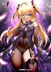 Rule 34 | 1girl, artist name, bare shoulders, blonde hair, blush, bodystocking, bow, breasts, chuunibyou, eyepatch, fischl (genshin impact), garter straps, genshin impact, gloves, green eyes, hair over one eye, highres, long hair, looking at viewer, miu (angelo whitechoc), purple bow, purple neckwear, single glove, single leg pantyhose, single thighhigh, small breasts, solo, thighhighs, thighs, two side up