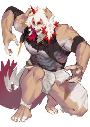 Rule 34 | 1boy, absurdres, animal ears, arknights, bara, bare pectorals, bare shoulders, barefoot, beige fur, bulge, dog boy, dog ears, fingernails, furry, furry male, highres, huan shi tian tong, hung (arknights), large pectorals, looking at viewer, male focus, medium hair, multicolored hair, muscular, nipples, pants, pectorals, sharp fingernails, shirt, shoes, sleeveless, sleeveless shirt, solo, streaked hair, thighs, torn clothes, torn pants, torn shirt, two-tone fur, white fur