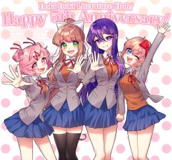 Rule 34 | 4girls, :d, ;d, anniversary, arm up, black thighhighs, blue eyes, blue skirt, bow, brown hair, brown vest, commentary request, copyright name, doki doki literature club, english text, eyes visible through hair, fang, green eyes, grey jacket, hair between eyes, hair bow, hair ornament, hair ribbon, hairclip, hand on another&#039;s back, highres, holding hands, interlocked fingers, jacket, long hair, long sleeves, looking at viewer, milestone celebration, monika (doki doki literature club), multiple girls, nan (gokurou), natsuki (doki doki literature club), neck ribbon, one eye closed, open clothes, open jacket, open mouth, pink eyes, pink hair, pleated skirt, polka dot, polka dot background, ponytail, purple eyes, purple hair, red bow, red ribbon, ribbon, sayori (doki doki literature club), school uniform, shirt, short hair, simple background, skin fang, skirt, smile, swept bangs, thighhighs, two side up, very long hair, vest, watermark, waving, white ribbon, white shirt, wing collar, yuri (doki doki literature club), zettai ryouiki