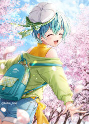 Rule 34 | 1girl, :d, airplane arms, backpack, bag, beret, blue shorts, blush, cherry blossoms, closed eyes, cowboy shot, denim, denim shorts, excel iruka, facing viewer, falling petals, from behind, green jacket, hat, indie virtual youtuber, jacket, kiba tori, long sleeves, one side up, open mouth, outstretched arms, petals, shirt, shorts, sleeveless, sleeveless shirt, smile, solo, spread arms, turtleneck, twitter username, virtual youtuber, white hat, yellow shirt