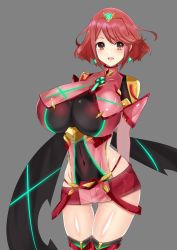 Rule 34 | 1girl, arms behind back, blush, breasts, brown eyes, covered navel, grey background, highres, huge breasts, looking at viewer, nintendo, open mouth, pyra (xenoblade), red hair, simple background, smile, solo, standing, xenoblade chronicles (series), xenoblade chronicles 2