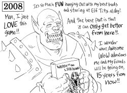 Rule 34 | 1boy, absurdres, armor, bald, bb (baalbuddy), blush, closed eyes, cover, english text, greyscale, highres, holding, holding game cartridge, monochrome, muscular, muscular male, nose piercing, nose ring, open mouth, orc, piercing, pointy ears, simple background, smile, video game cover, video game cover (object), warcraft, world of warcraft